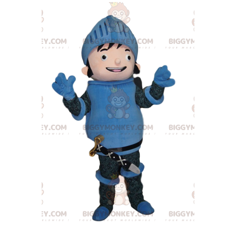 Kostium maskotka szczęśliwy rycerz w niebieskiej zbroi Kostium maskotka szczęśliwy rycerz w niebieskiej zbroi