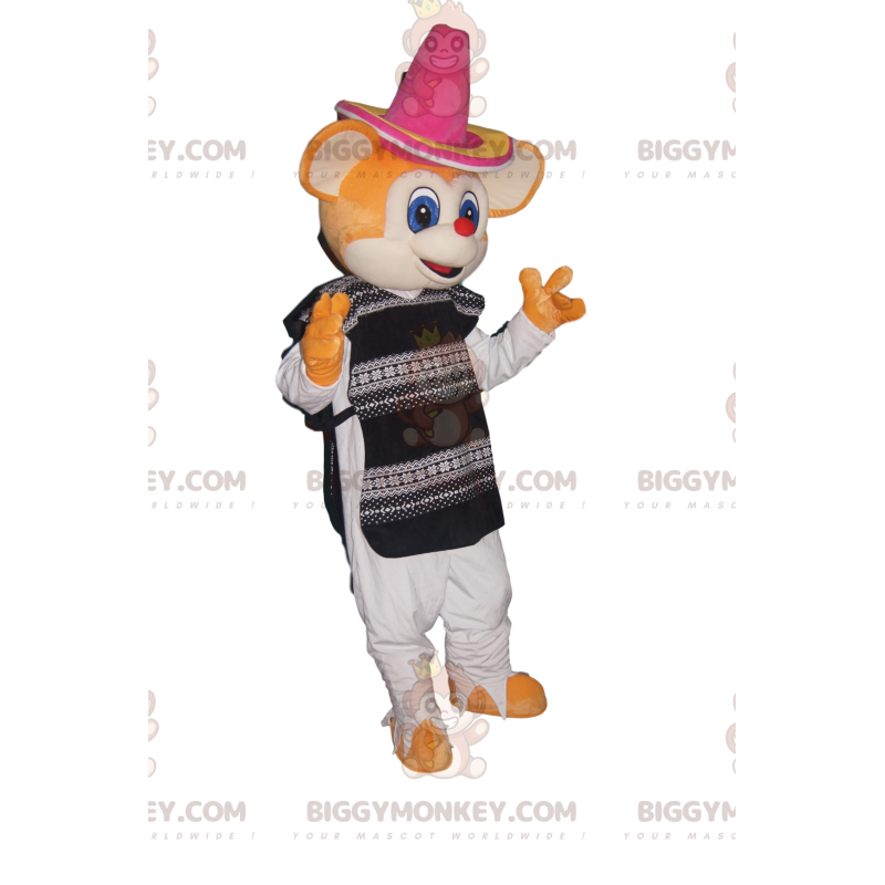 Oranje muis BIGGYMONKEY™ mascottekostuum met sombrero en Oranje muis BIGGYMONKEY™ mascottekostuum met sombrero en