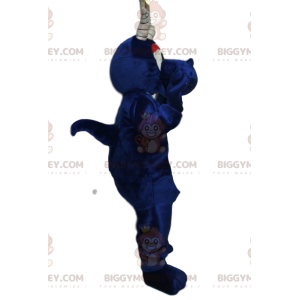 BIGGYMONKEY™ maskotdräkt midnattsblå drake med vita horn -