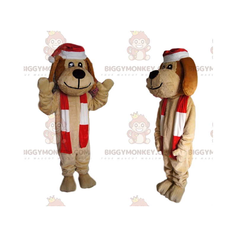 BIGGYMONKEY™ Mascottekostuum Vrolijke bruine hond met kerstmuts BIGGYMONKEY™ Mascottekostuum Vrolijke bruine hond met kerstmuts