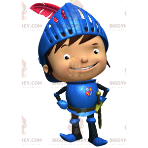 BIGGYMONKEY™ Happy Little Knight Mascot Costume with Blue Armor