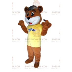 Στολή μασκότ BIGGYMONKEY™ με ένα αξιαγάπητο καφέ αρκουδάκι, με την κίτρινη φανέλα του - Μασκότ αρκούδας - BiggyMonkey.com