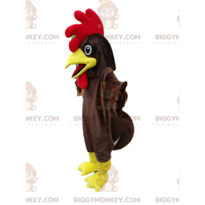 Traje de mascote de frango marrom BIGGYMONKEY™ com brasão