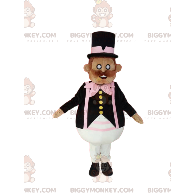 Viiksinen herrasmies BIGGYMONKEY™ maskottiasu, jossa tyylikäs Viiksinen herrasmies BIGGYMONKEY™ maskottiasu, jossa tyylikäs