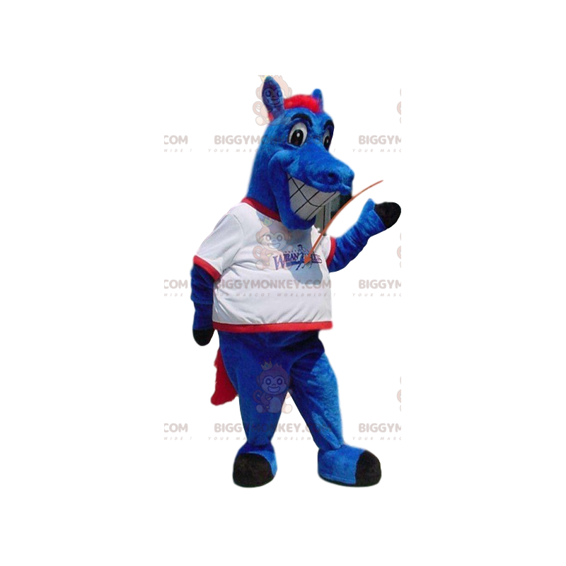 Outo Blue Horse BIGGYMONKEY™ maskottiasu, jossa valkoinen Outo Blue Horse BIGGYMONKEY™ maskottiasu, jossa valkoinen