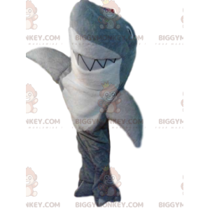 Kostým maskota velmi usměvavého šedého a bílého žraloka