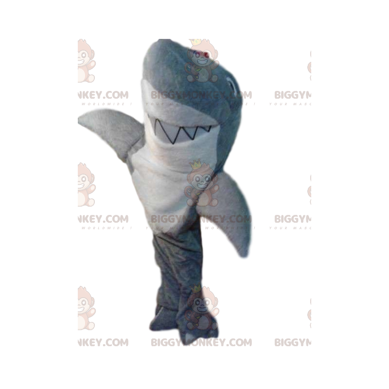 Disfraz de mascota BIGGYMONKEY™ de tiburón gris y blanco muy Disfraz de mascota BIGGYMONKEY™ de tiburón gris y blanco muy
