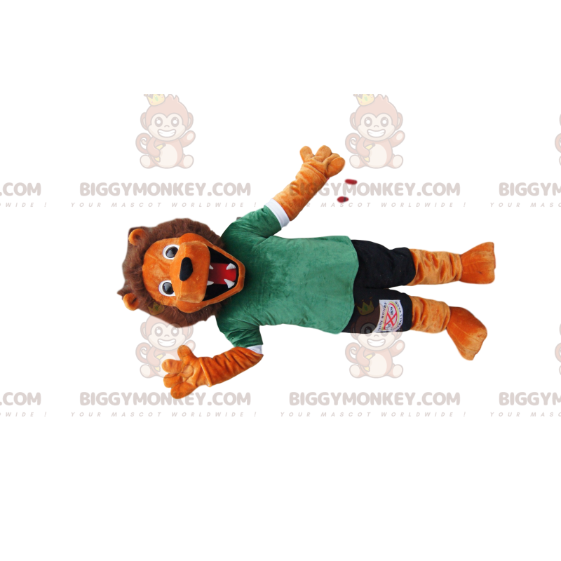 Oranje leeuw BIGGYMONKEY™ mascottekostuum met groene en zwarte Oranje leeuw BIGGYMONKEY™ mascottekostuum met groene en zwarte