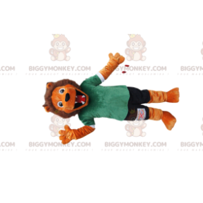 Oranssi leijona BIGGYMONKEY™ maskottiasu vihreillä ja mustilla