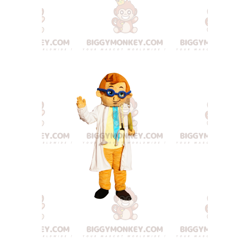Tohtori BIGGYMONKEY™ maskottiasu, jossa sininen stetoskooppi ja Tohtori BIGGYMONKEY™ maskottiasu, jossa sininen stetoskooppi ja