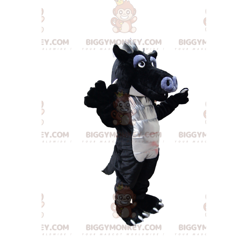 Costume de mascotte BIGGYMONKEY™ de dragon noir et gris rigolo.