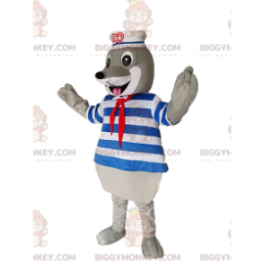  Kostium maskotki szarej foki BIGGYMONKEY™ ze strojem kąpielowym i kapeluszem marynarza - Maskotki Seal - BiggyMonkey.com