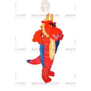 Disfraz de mascota BIGGYMONKEY™ Dragón rojo y amarillo con alas azules - Mascota del dragón - BiggyMonkey.com