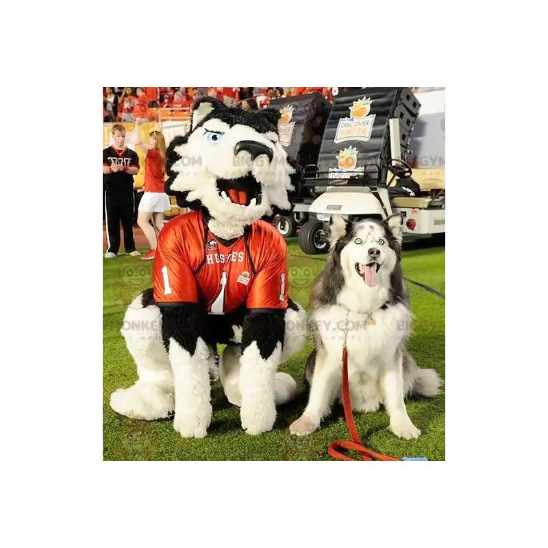 Costume de mascotte BIGGYMONKEY™ de chien blanc et noir avec