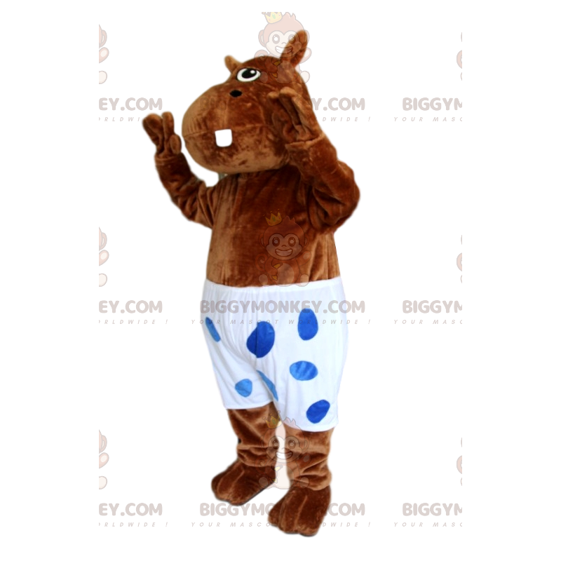 Brown Hippopotamus BIGGYMONKEY™ Mascot Costume with White Polka
