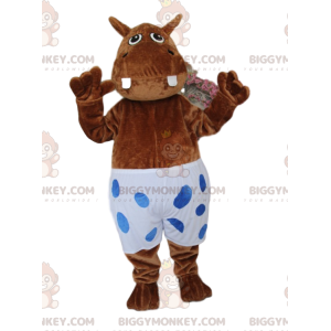 Brown Hippopotamus BIGGYMONKEY™ Mascot Costume with White Polka