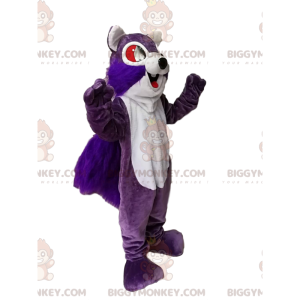 Traje de mascote de esquilo roxo e branco super entusiasmado