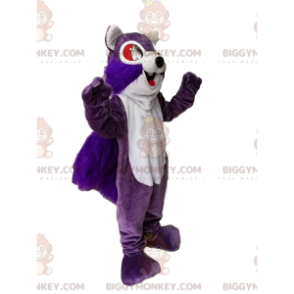 Traje de mascote de esquilo roxo e branco super entusiasmado