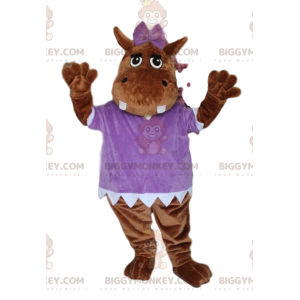 Brun Hippopotamus BIGGYMONKEY™ maskotkostume, med lilla bluse -