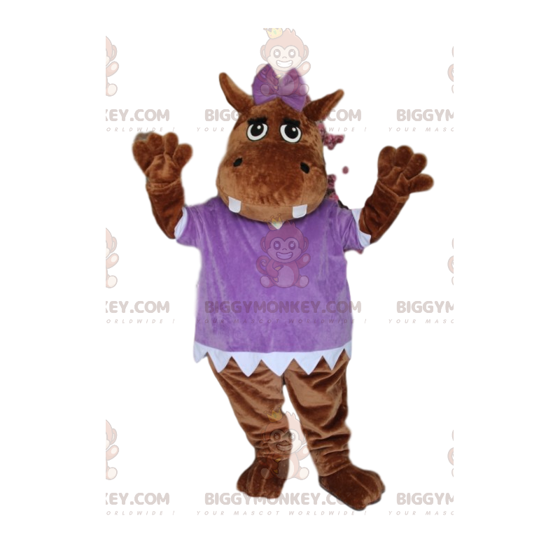 Brun flodhäst BIGGYMONKEY™ maskotdräkt, med lila blus - Brun flodhäst BIGGYMONKEY™ maskotdräkt, med lila blus -