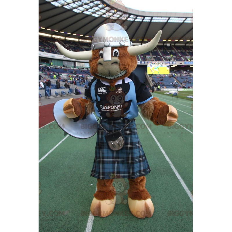 BIGGYMONKEY™ Brown Bull Cow Maskotdräkt med kilt och BIGGYMONKEY™ Brown Bull Cow Maskotdräkt med kilt och