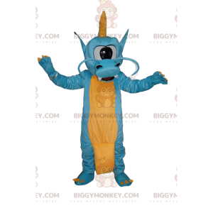 BIGGYMONKEY™ mascottekostuum blauwe en gele draak met één oog -