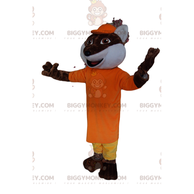 Costume de mascotte BIGGYMONKEY™ de renard marron avec une Costume de mascotte BIGGYMONKEY™ de renard marron avec une