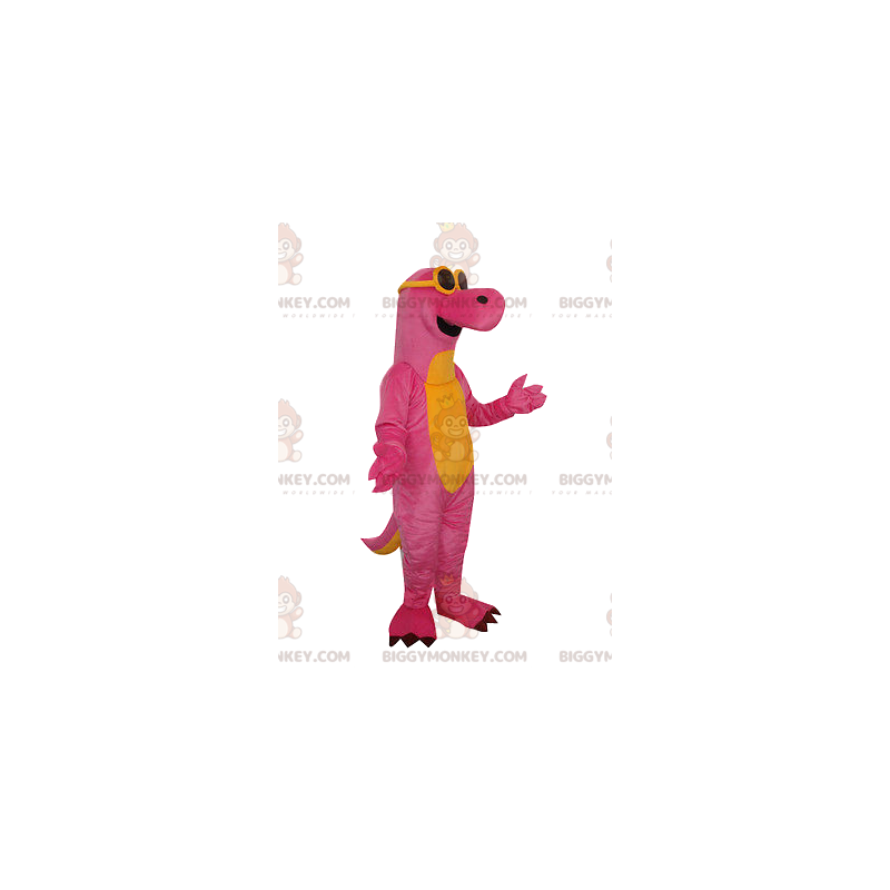 Rosa och gul dinosaurie BIGGYMONKEY™ maskotdräkt med Rosa och gul dinosaurie BIGGYMONKEY™ maskotdräkt med