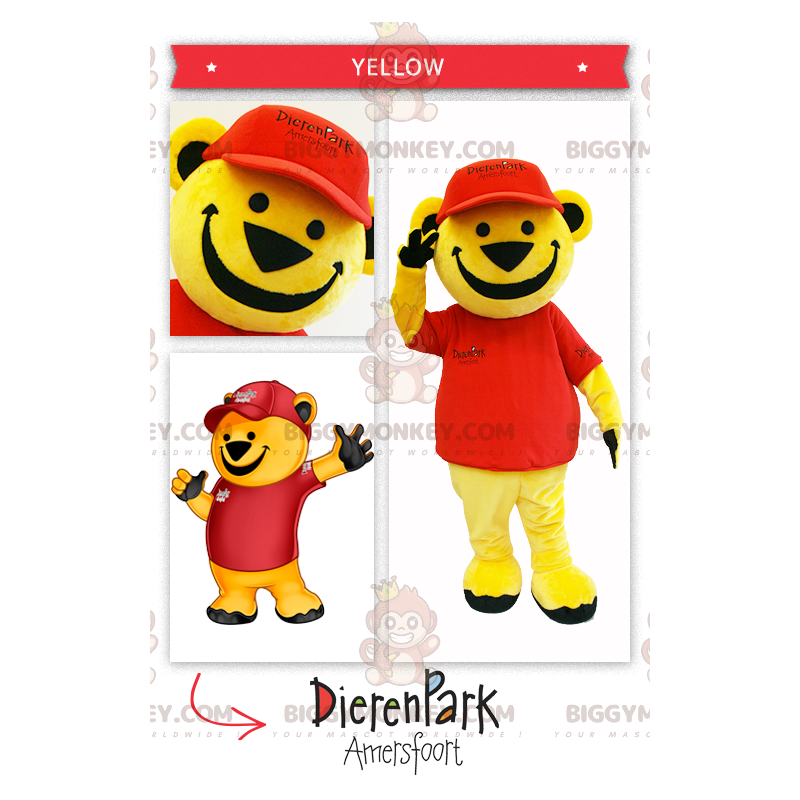 BIGGYMONKEY™ Big Yellow Bear Mascot Costume Wearing Red -