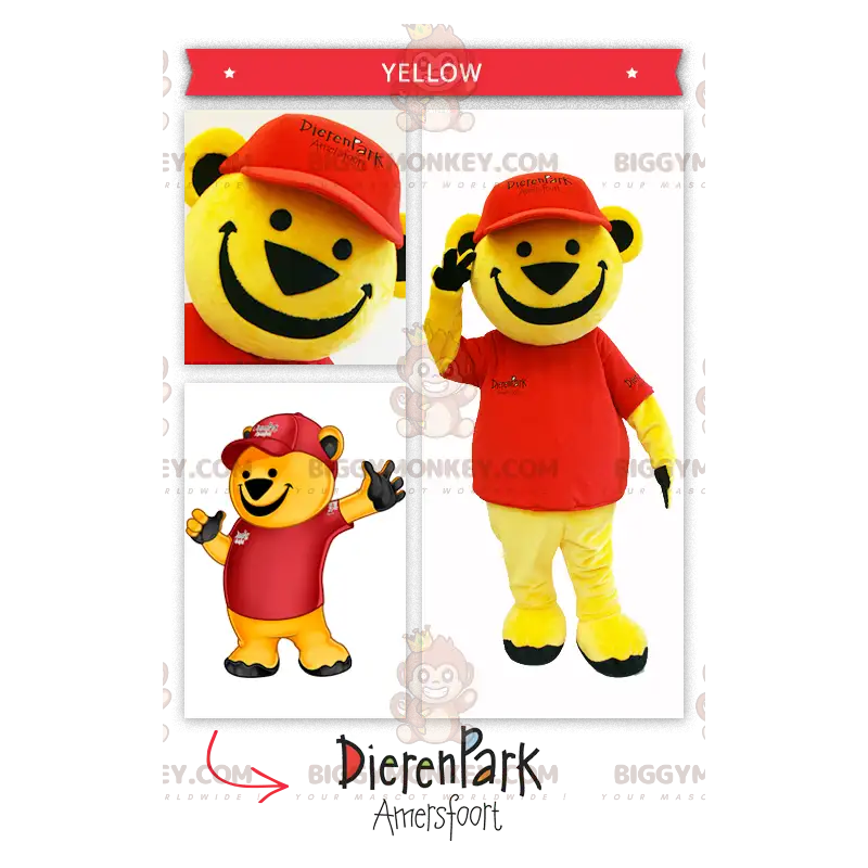 BIGGYMONKEY™ Stor gul björnmaskotdräkt klädd i rött - BIGGYMONKEY™ Stor gul björnmaskotdräkt klädd i rött -