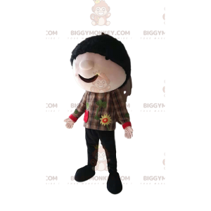 Little Brown Boy BIGGYMONKEY™ Mascot Costume With Plaid Shirt -