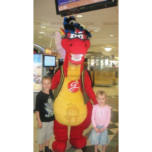 Disfraz de mascota dinosaurio rojo y amarillo BIGGYMONKEY™ con