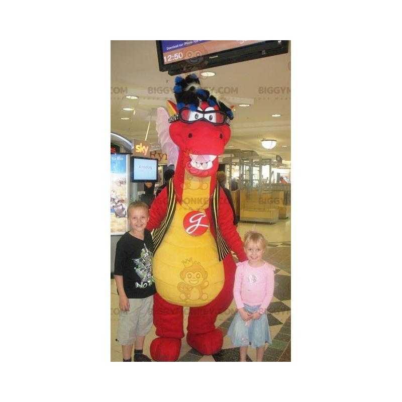 Disfraz de mascota dinosaurio rojo y amarillo BIGGYMONKEY™ con