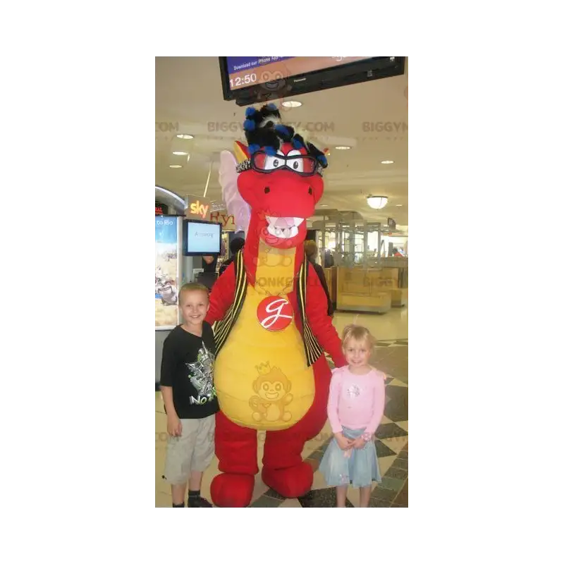 Rød og gul dinosaur BIGGYMONKEY™ maskotkostume med briller - Rød og gul dinosaur BIGGYMONKEY™ maskotkostume med briller -