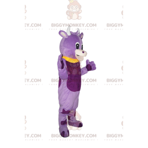 BIGGYMONKEY™ Mascottekostuum paarse koe met gele Peter Pan