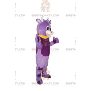 BIGGYMONKEY™ Maskottchenkostüm Lila Kuh mit gelbem Bubikragen -