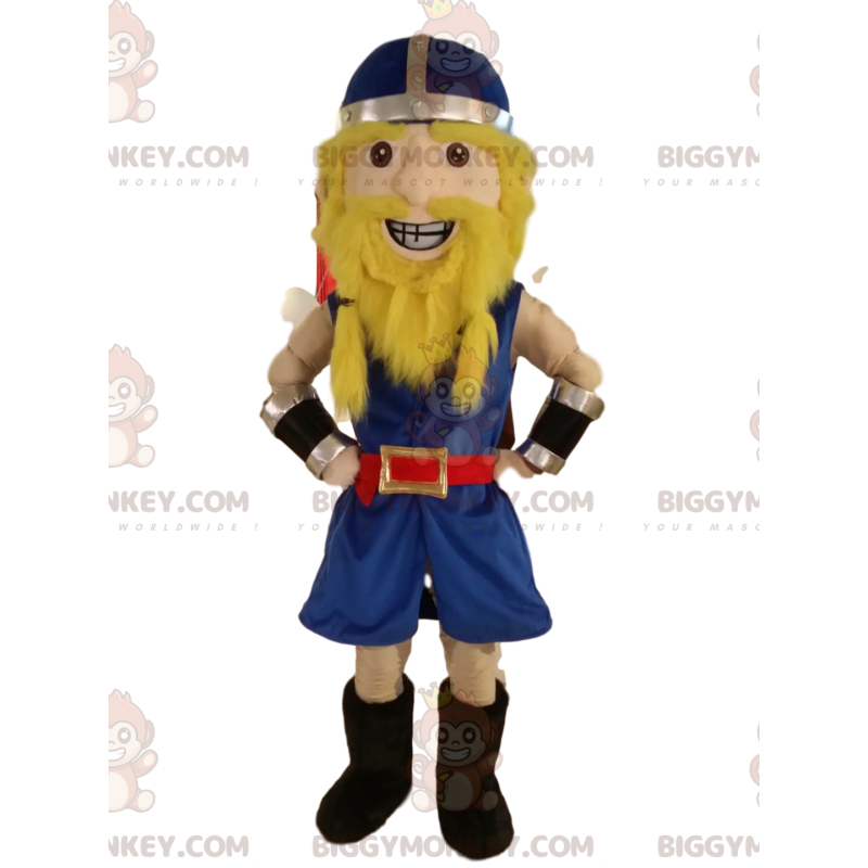 Happy Viking Warrior BIGGYMONKEY™ maskotdräkt, med blå hjälm - Happy Viking Warrior BIGGYMONKEY™ maskotdräkt, med blå hjälm -
