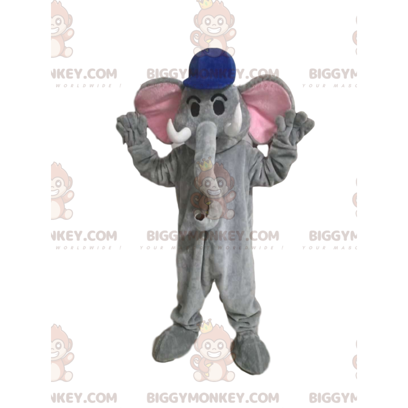 BIGGYMONKEY™ Maskotdräkt Grå elefant med blå mössa - BIGGYMONKEY™ Maskotdräkt Grå elefant med blå mössa -