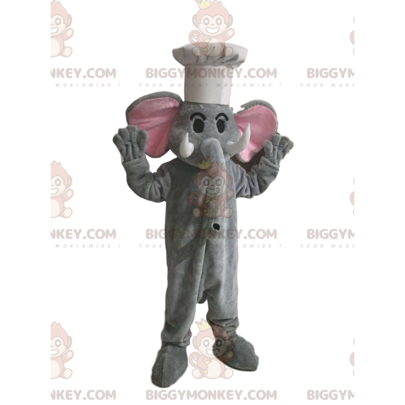 BIGGYMONKEY™ Mascottekostuum Grijze olifant met witte koksmuts BIGGYMONKEY™ Mascottekostuum Grijze olifant met witte koksmuts