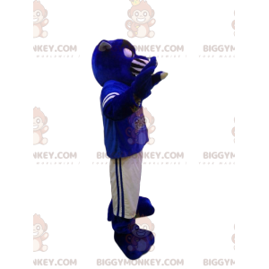 Στολή μασκότ Blue Panther BIGGYMONKEY™ με λευκά και μπλε αθλητικά ρούχα - Μασκότ λιονταριών - BiggyMonkey.com