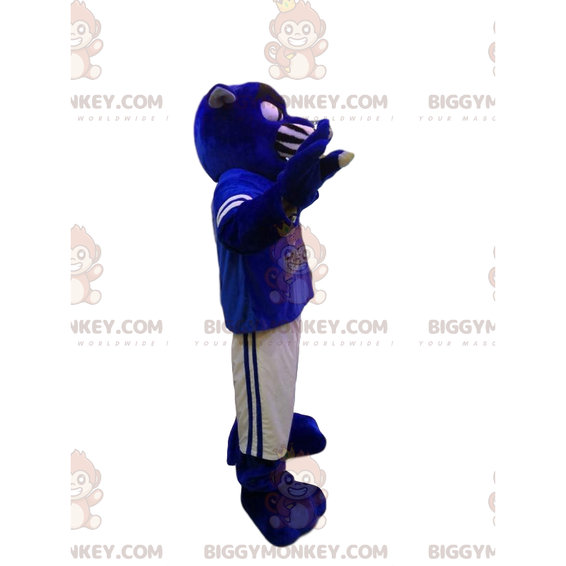 Στολή μασκότ Blue Panther BIGGYMONKEY™ με λευκά και μπλε αθλητικά ρούχα - Μασκότ λιονταριών - BiggyMonkey.com