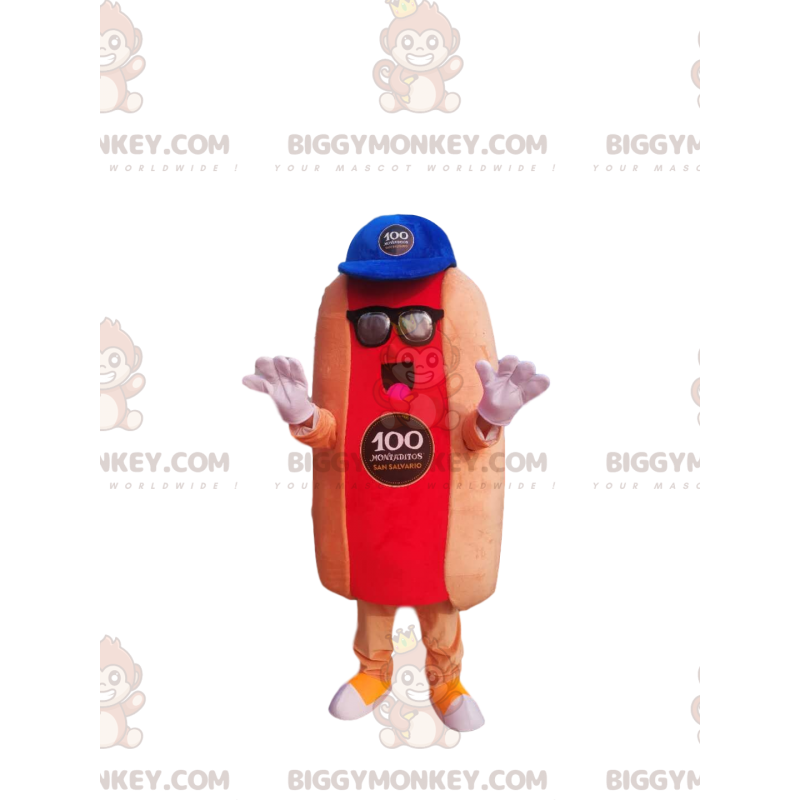 Fato de mascote de cachorro-quente BIGGYMONKEY™ com gorro azul Fato de mascote de cachorro-quente BIGGYMONKEY™ com gorro azul