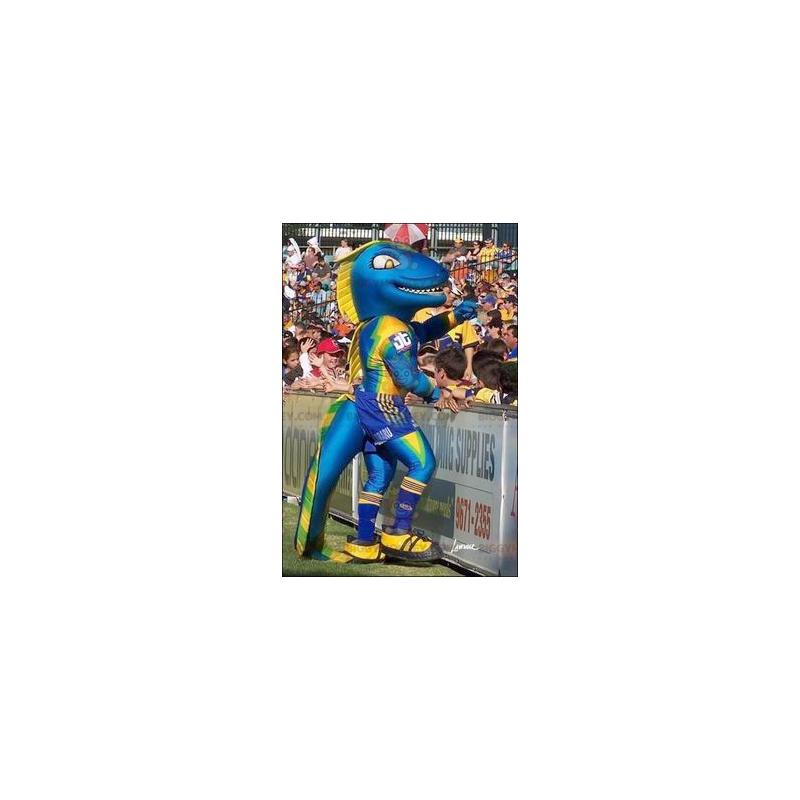 Costume de mascotte BIGGYMONKEY™ de dinosaure bleu jaune et
