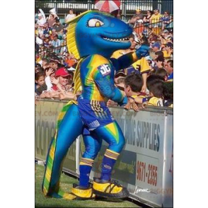 Traje de mascote de dinossauro azul amarelo e verde