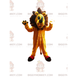 Traje de mascote BIGGYMONKEY™ de um leão muito entusiasmado com