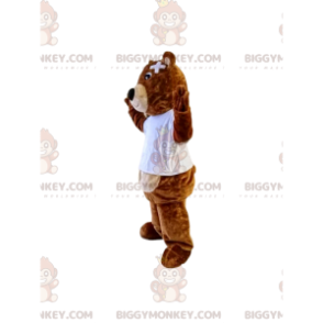 Bruine berenjong BIGGYMONKEY™ mascottekostuum met te kort T-shirt en verband - Bear mascotte - BiggyMonkey.com