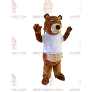 Bruine berenjong BIGGYMONKEY™ mascottekostuum met te kort T-shirt en verband - Bear mascotte - BiggyMonkey.com