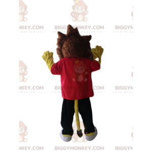 BIGGYMONKEY™ Gelbes Löwen-Maskottchen-Kostüm mit rotem T-Shirt