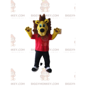 BIGGYMONKEY™ gul løvemaskotkostume med rød T-shirt og sorte bukser - Løvemasker - BIGGYMONKEY_013456 - BiggyMonkey.com