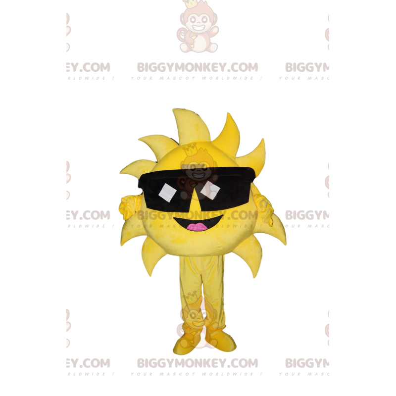 Mycket glad sol BIGGYMONKEY™ maskotdräkt med solglasögon. -